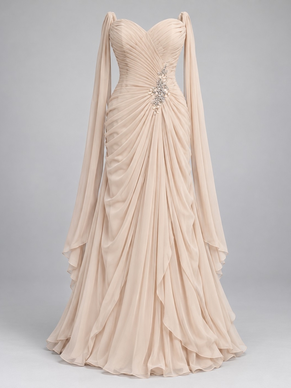 trapless Draped Chiffon Gown in Nude Blush